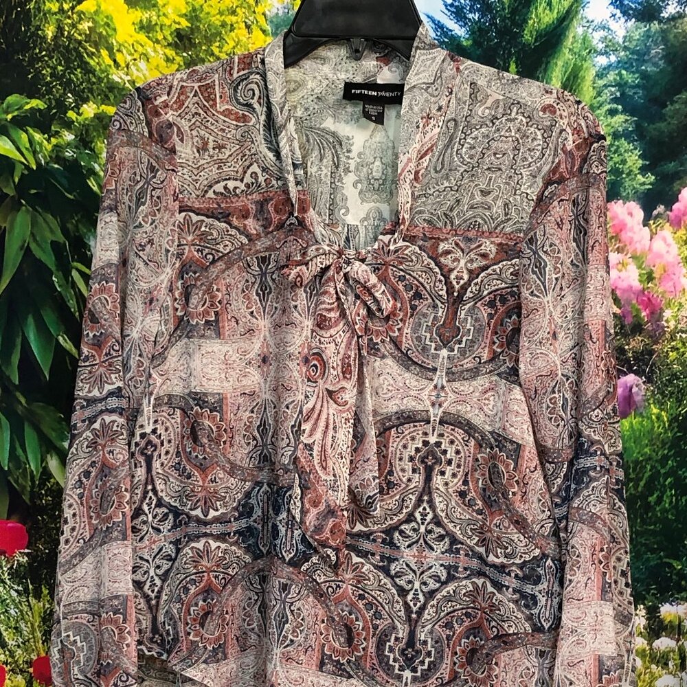 Fifteen Twenty Green Blue and Rust Print Sheer Shirt    #1077